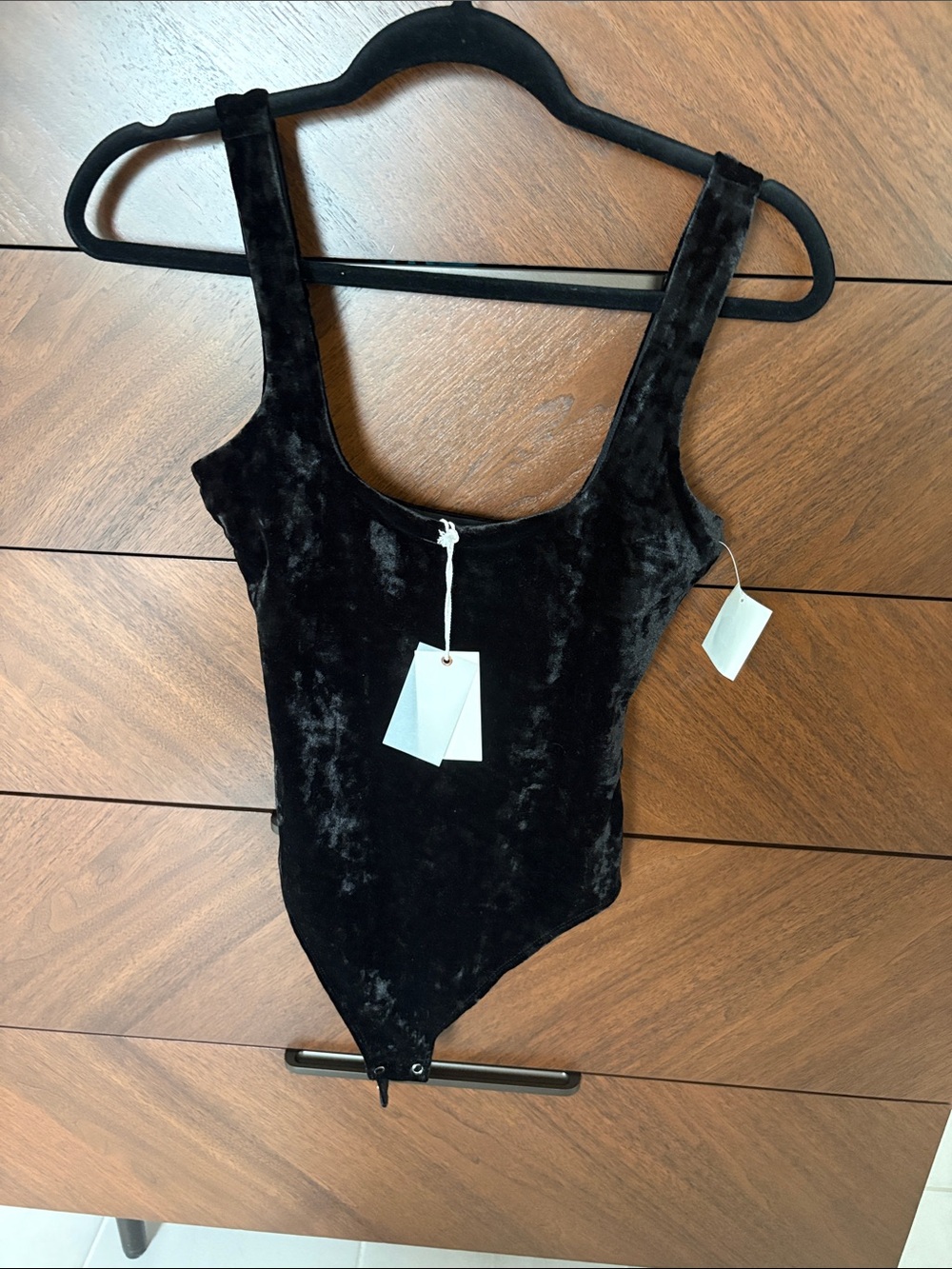 Good American Black Velvet Scoop Neck Bodysuit with Wide Straps